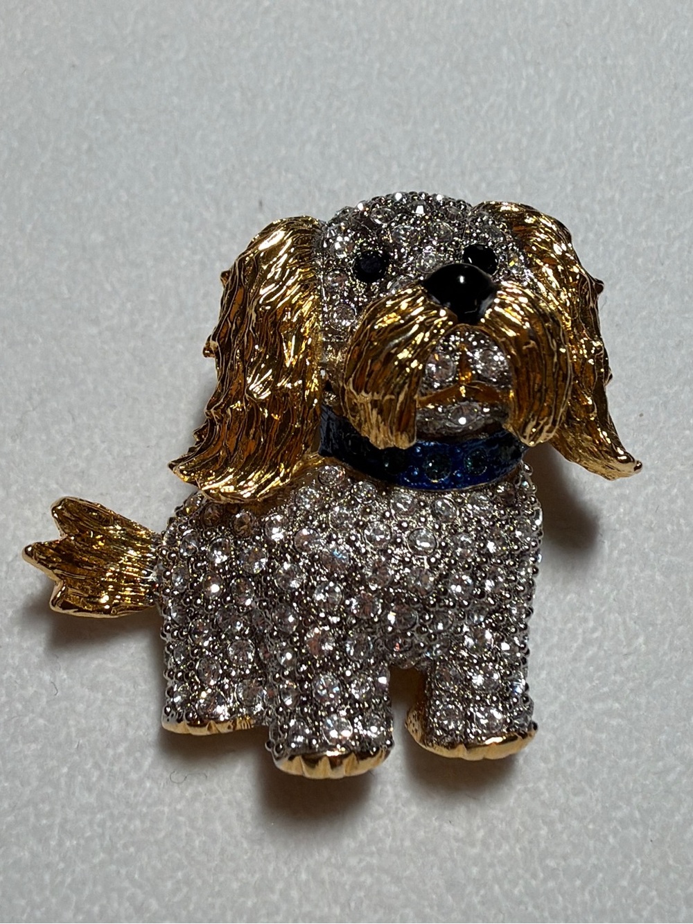 Vintage Signed BUTLER Canada Pave Crystal Shih Tzu Dog Brooch Gold Tone